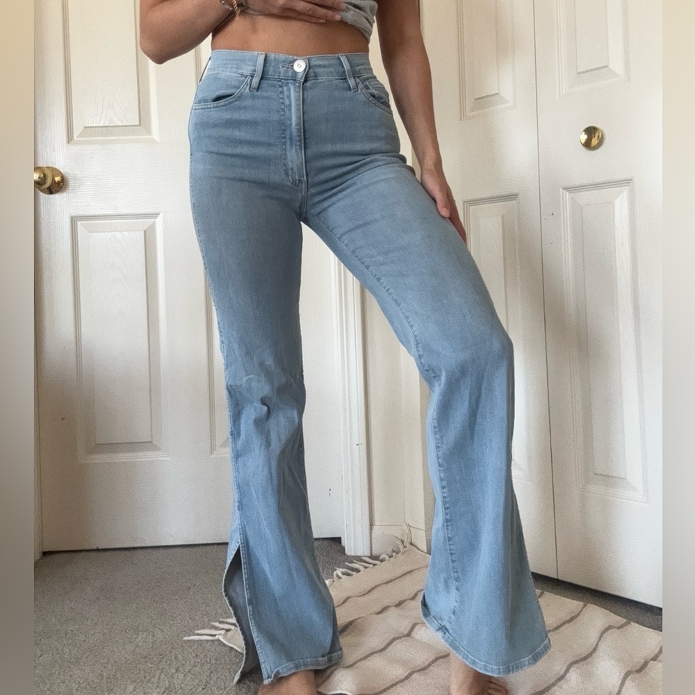 Saks 3x1 NYC light wash side slit flare high waisted stretch jeans